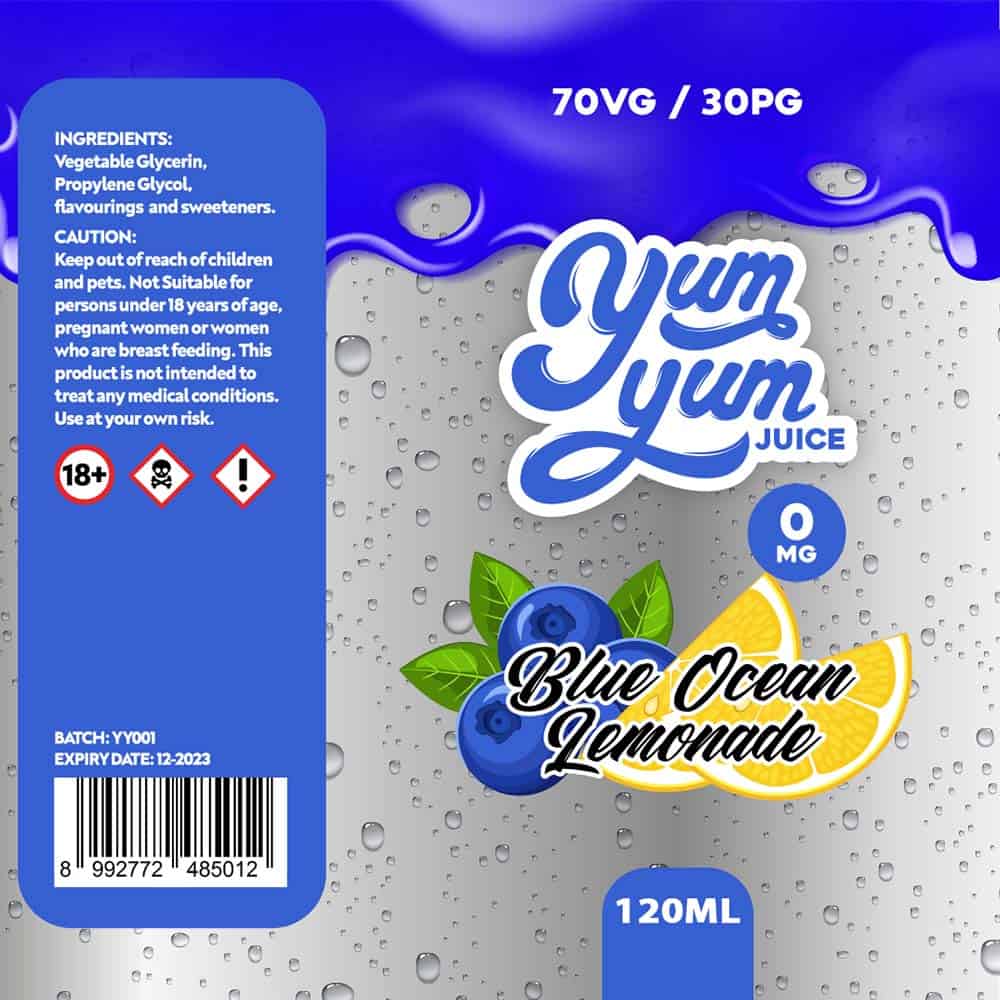 Yum Yum Labels Blue Ocean Lemonade 100ml 70 30